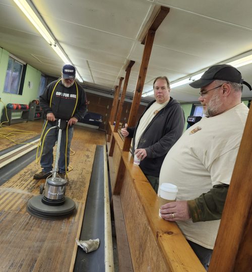 Dumont Scouts and Leaders helping redo the bowling alley